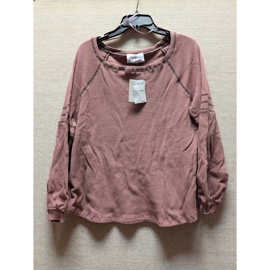 Emelia Size Large Thermal Long Sleeve shirt top Raglan Mocha Rust Stripe NEW