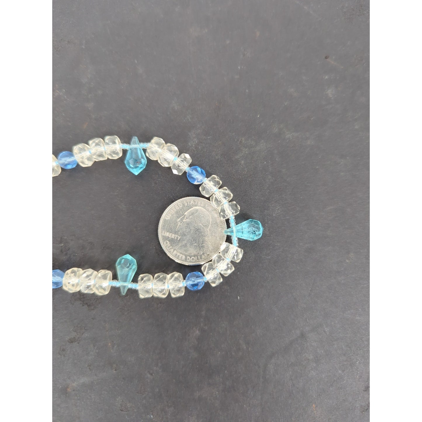 Vintage Blue & Clear Crystal Beaded Strand Necklace Drops Mid-Century Boho