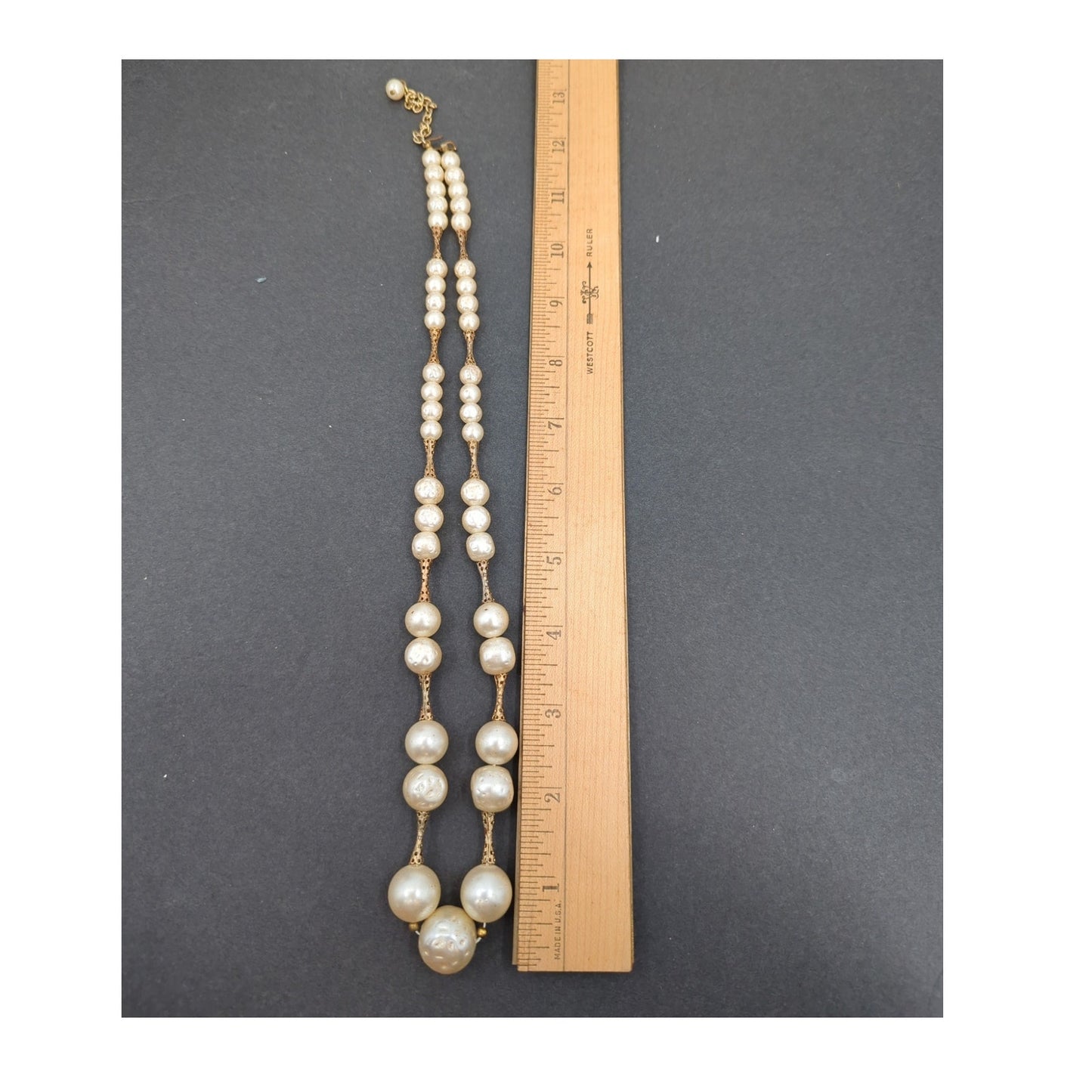 Vintage Cream Faux Pearl Graduated Station Necklace Gold-Tone 24" opera length