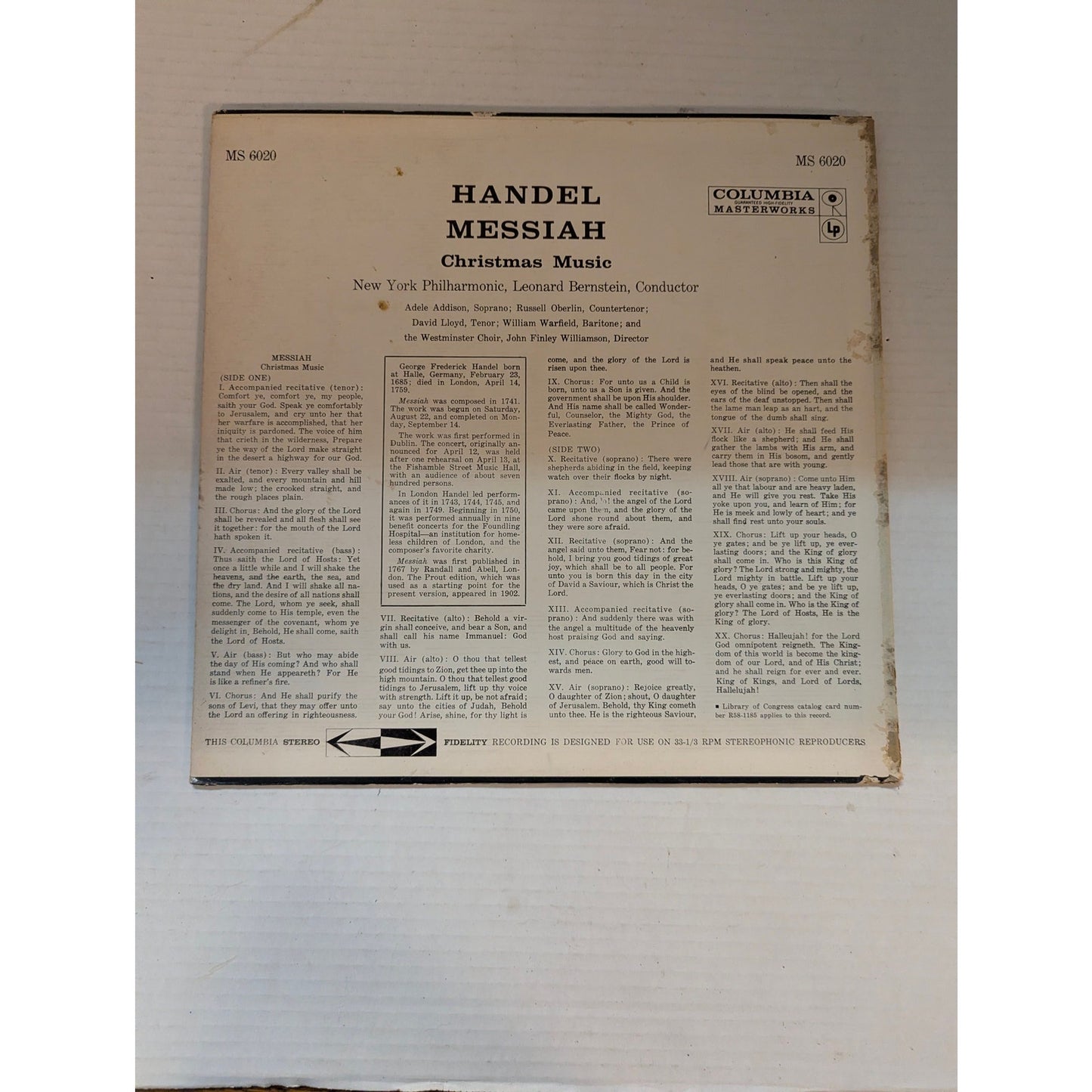 Handel Messiah Christmas Music Leonard Bernstein Columbia Stereo LP Record