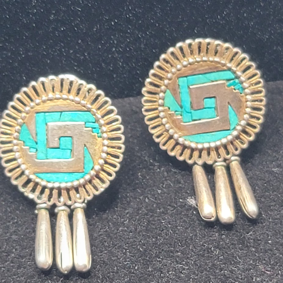 Modernist Mexico Sterling Silver Turquoise Geometric Sunburst Earring Taxco Sol