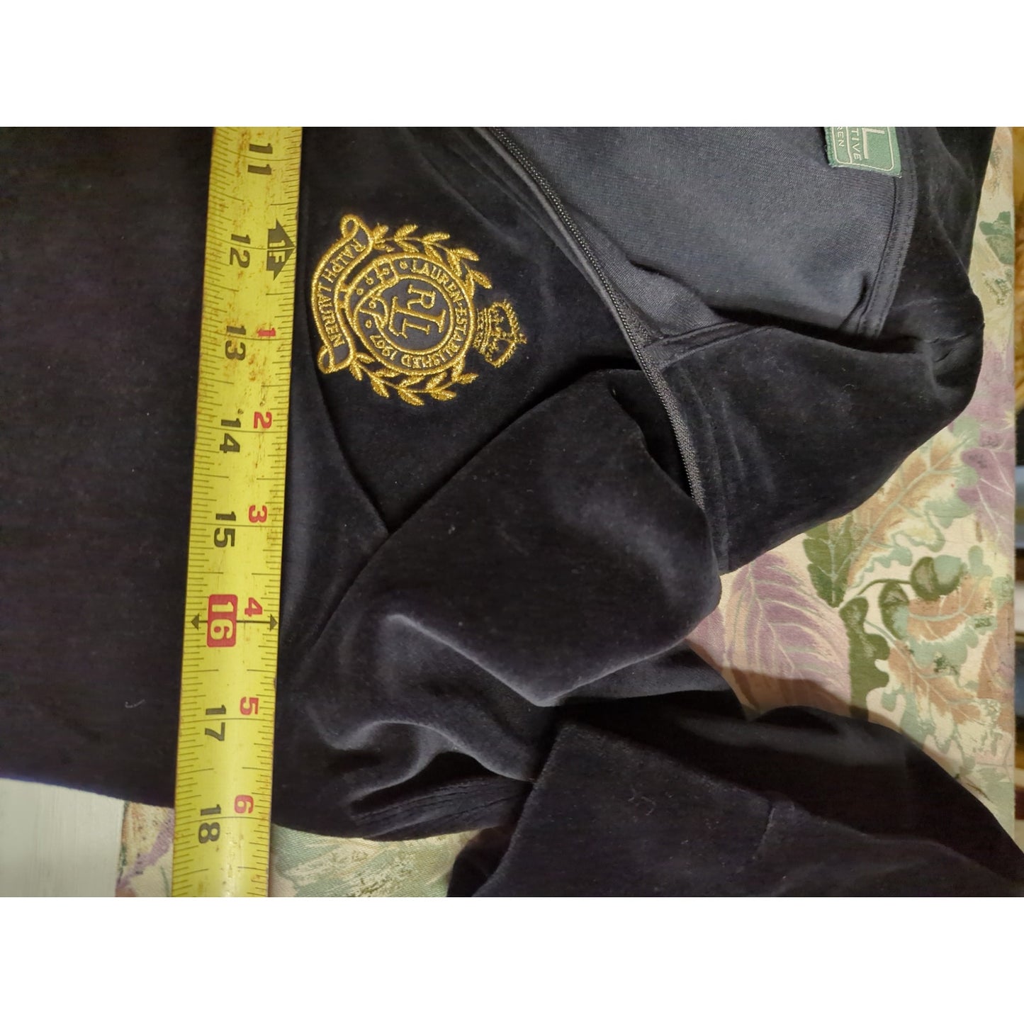 Lauren Ralph Lauren Active Black Crushed Velvet Gold Crest Track Jacket Small