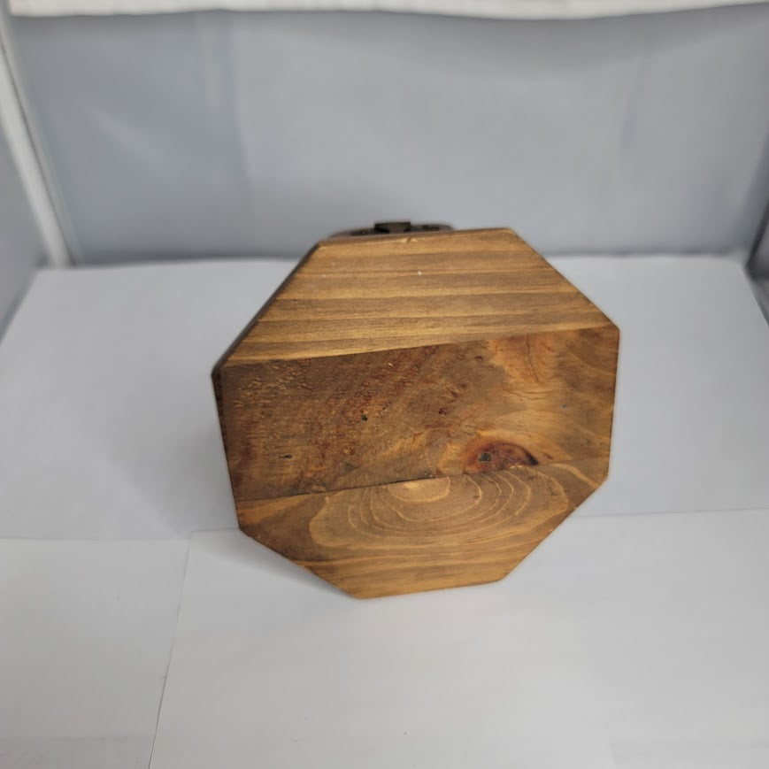 Vintage Pine wood Octagon trinket box stash felt lined 5" with golden closure