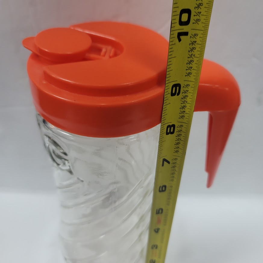 Vintage Tang 1 QT Glass Juice Pitcher with Orange Handled Lid w Spout & Cap