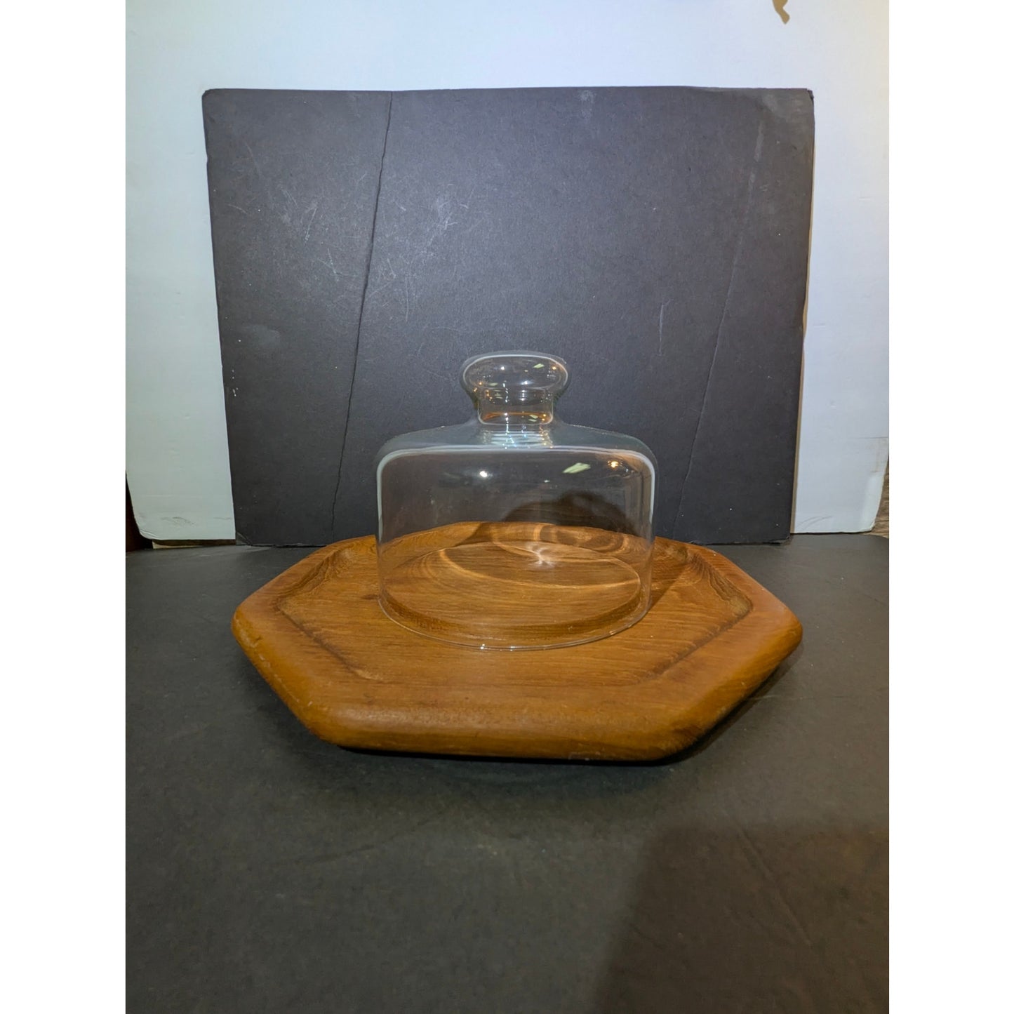 Gailstyn-Sutton Teakwood Cheese Board Glass Dome Octagon Vintage MCM