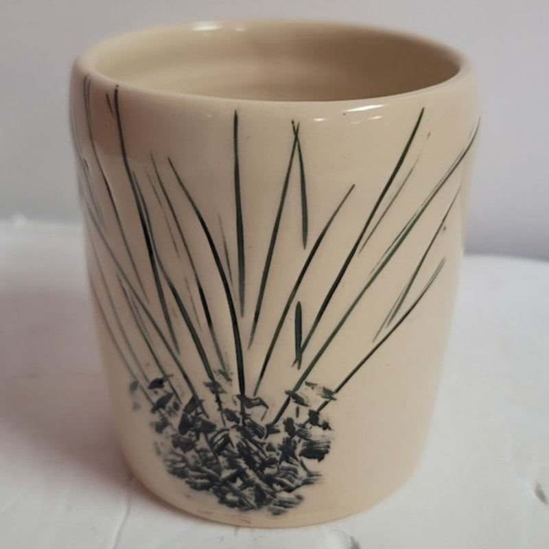 Handmade Cream and black reeds coffee mug signed KB art pottery organic
