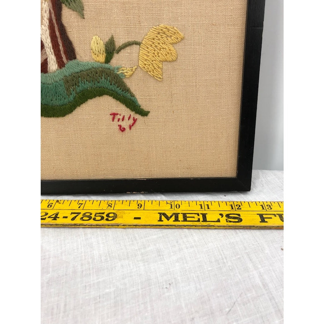Vintage Crewel Cherry Tree Handmade by Tilly 1961 framed some water stains 12x16