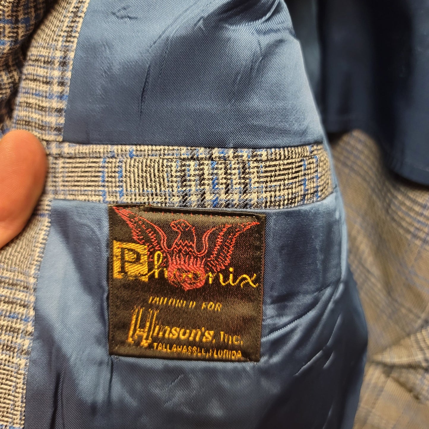 Phoenix 2pc polyester vintage suit Blazer Pants 1970s Plaid blue gray Rockabilly