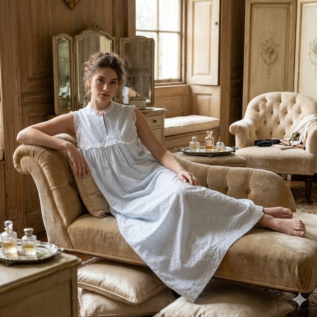 Vintage Christian Dior Blue Cotton Blend Eyelet Nightgown Small Luxury Boudoir