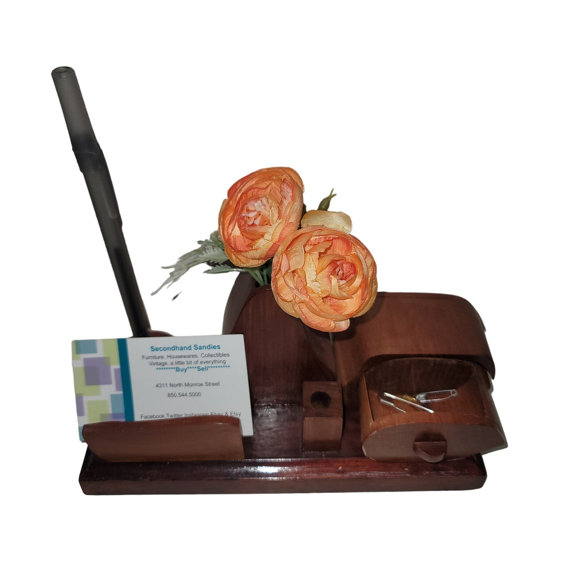 Vintage Handmade MCM teak Wood Desk Organizer Pen business card Pin Holder