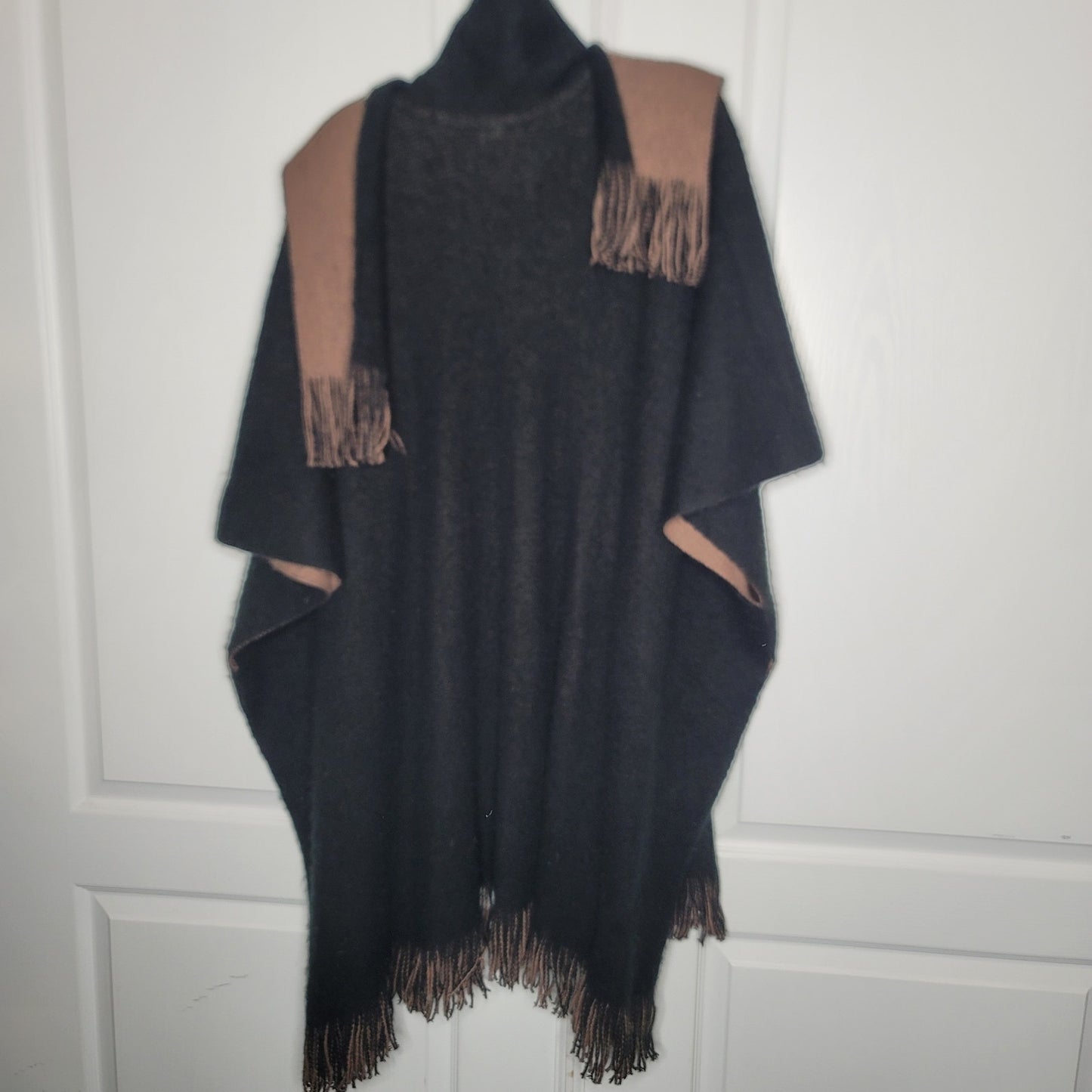 Shawl One Size Black Brown Reversible long Sweater Wrap Fringe Fuzzy Armholes