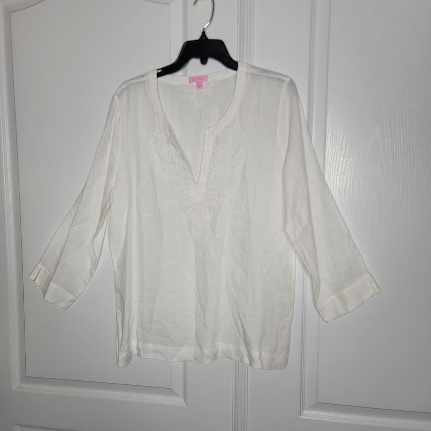 Lilly Pulitzer Amelia Island Summer Linen Tunic Large White Bead Collar Detail