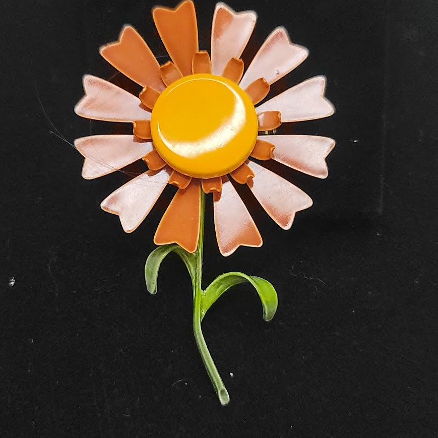 Vintage Orange Yellow Enamel Daisy Flower Brooch Mid Century mod
