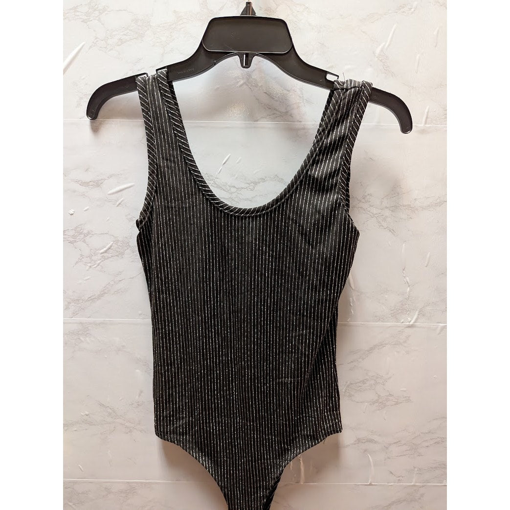 Beware size Large Bodysuit Tank Sleeveless NEW Black silver striped Top layers