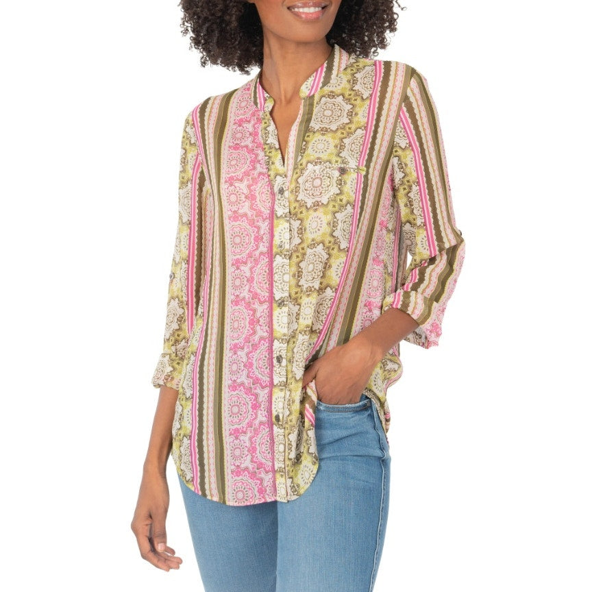 KUT from the Kloth Jasmine Top Front Button In Pavia Stripe Army Pink XL NEW