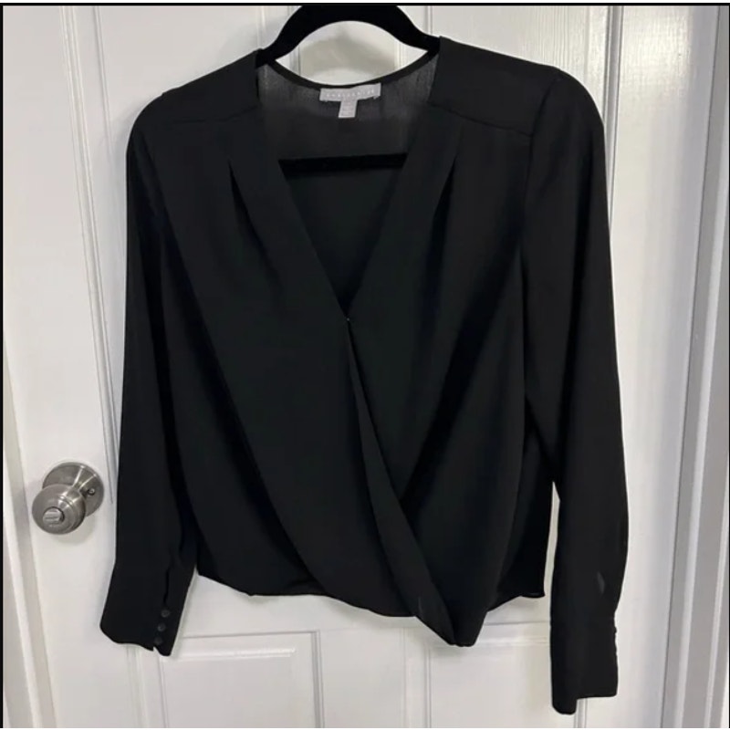 Chelsea28 Faux Wrap Black Sheer Blouse Top V Neck Long Sleeve Size XL Womens NEW