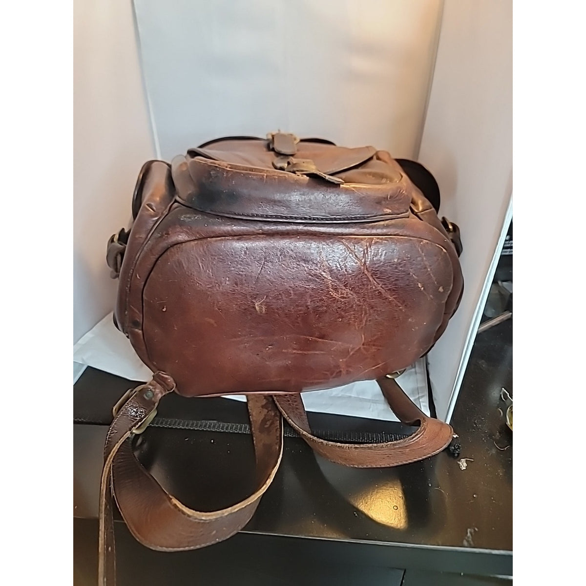 Vtg Leather Backpack Rucksack Luggage Bag Brown Large Travel Luggage Well Worn