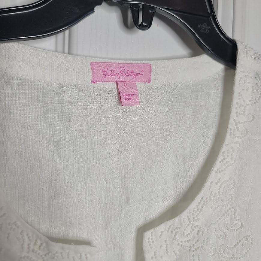 Lilly Pulitzer Amelia Island Summer Linen Tunic Large White Bead Collar Detail