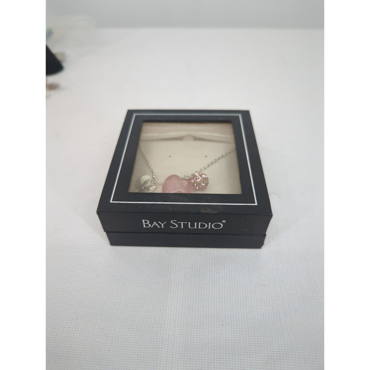 Vintage Silver Tone Pink Glass Heart Charm Necklace Boxed