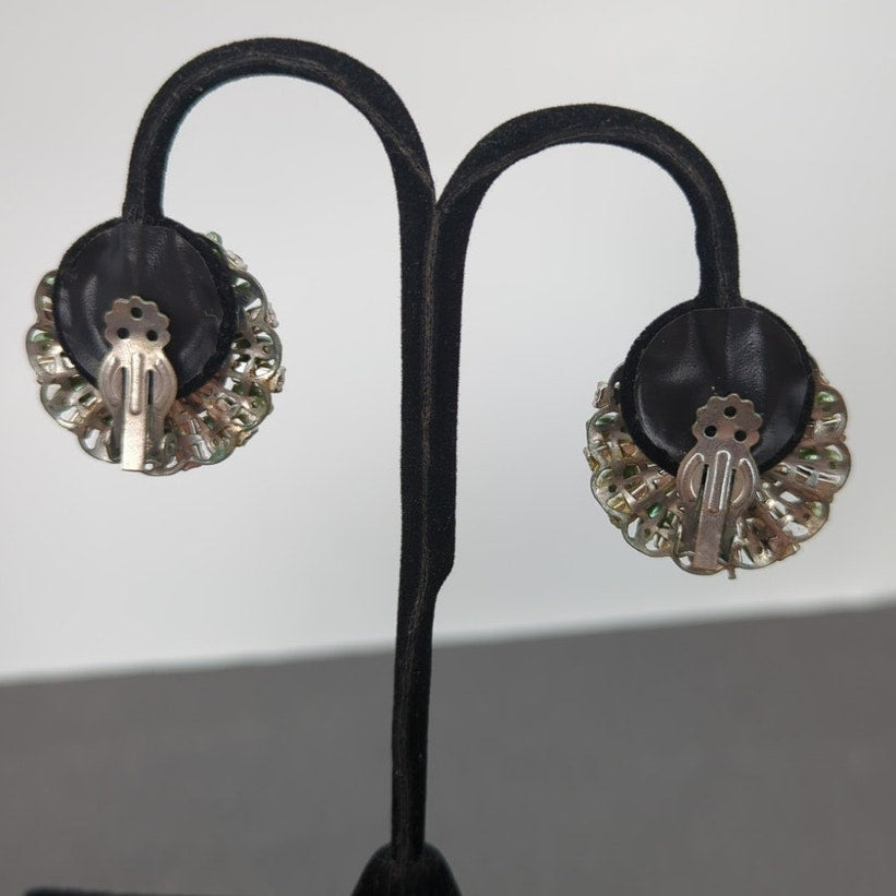 Vintage Sage Green Faux Pearl & Rhinestone Cluster Clip On Ethereal Earrings