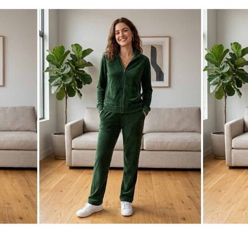 Vintage Kim Rogers Green Velour Tracksuit Set Zip Jacket Pants Y2K Lounge Medium