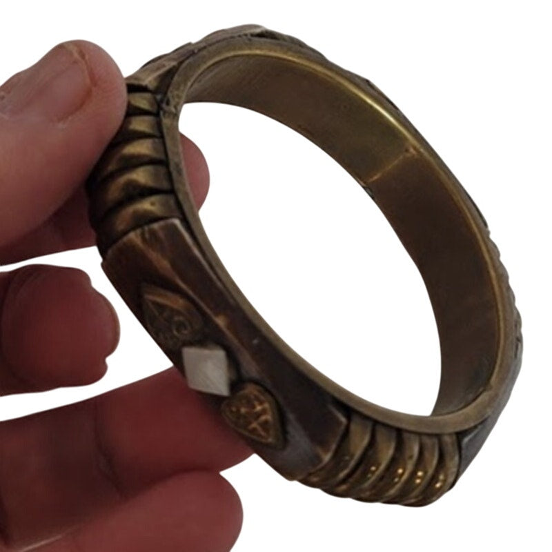 Wood Brass bone bracelet Vintage Viking MCM brown goldtone Bone Viking bangle