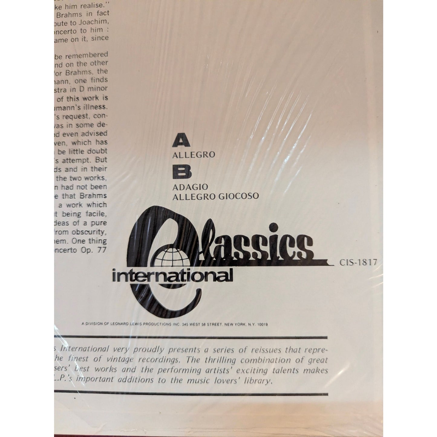 Vintage Brahms Violin Concerto David Oistrakh Classics International Vinyl LP