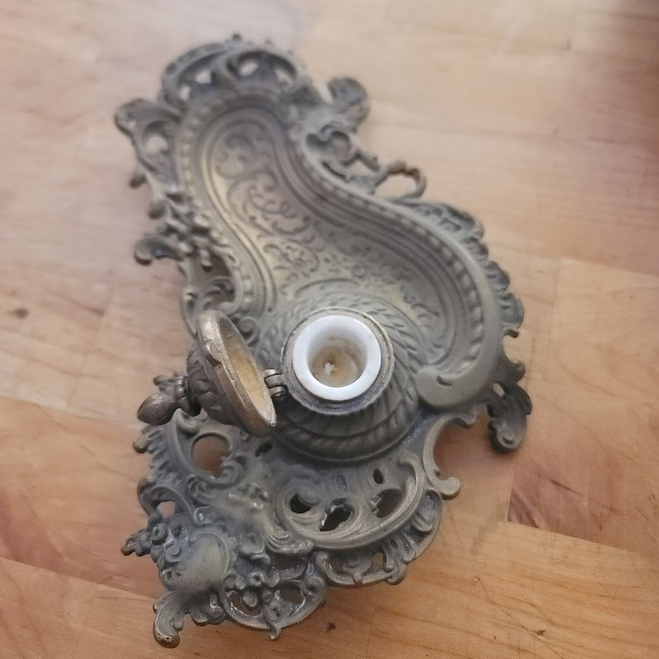 Antique Ornate Brass Grotesque Mascaron Inkwell Victorian Rococo Pen Tray