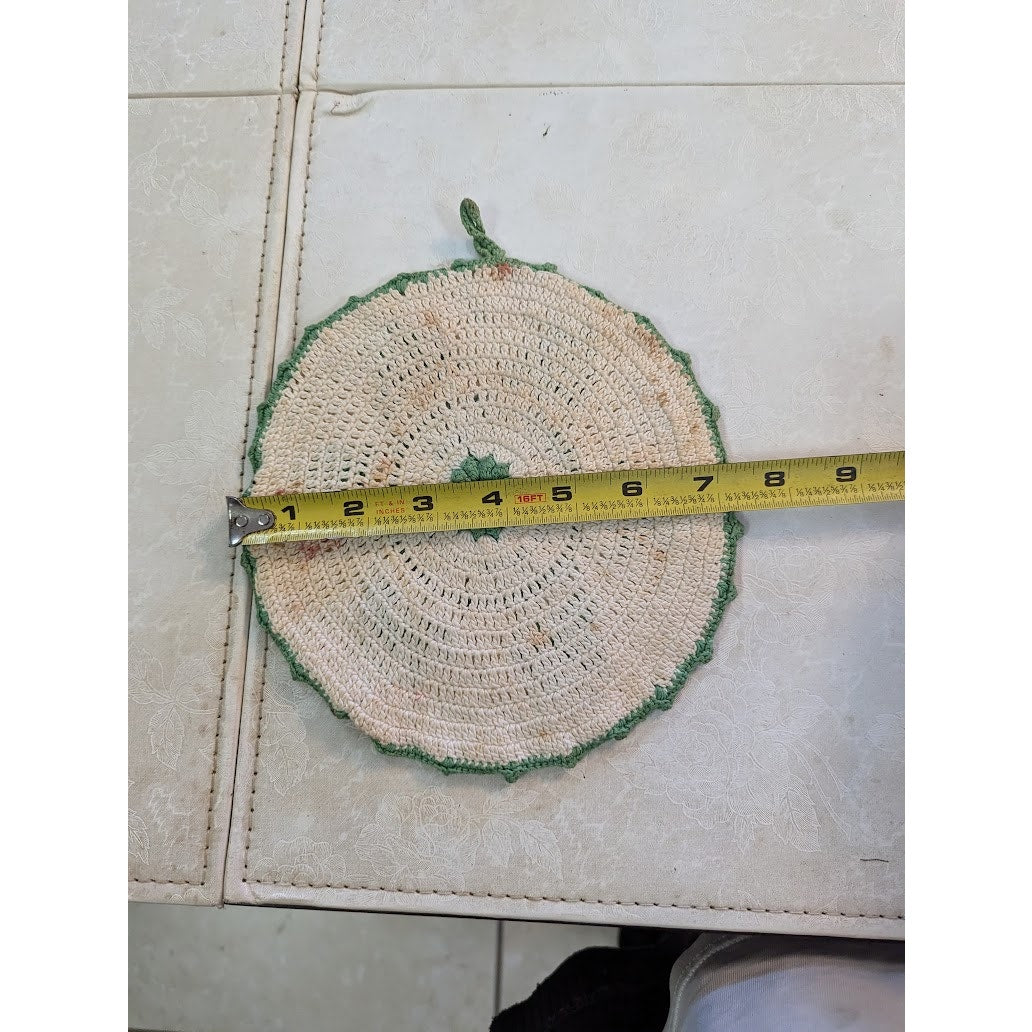 Vintage Crocheted Green Cream Trivet doily Star pattern raised 9" round Cabin