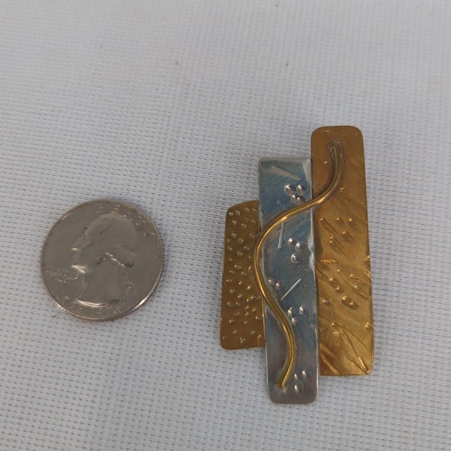 Vintage Handmade Mixed Metal Brutalist Brooch Pin Hammered Silver Copper Bronze