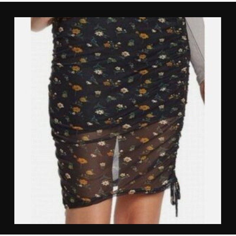 Wild Honey wiggle Black Floral Skirt Side drawstring size LARGE