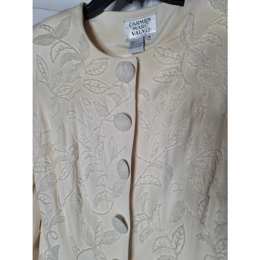 Vintage 90's Carmen Marc Valvo Size 8 SILK blazer clear glass beads leaf Cream