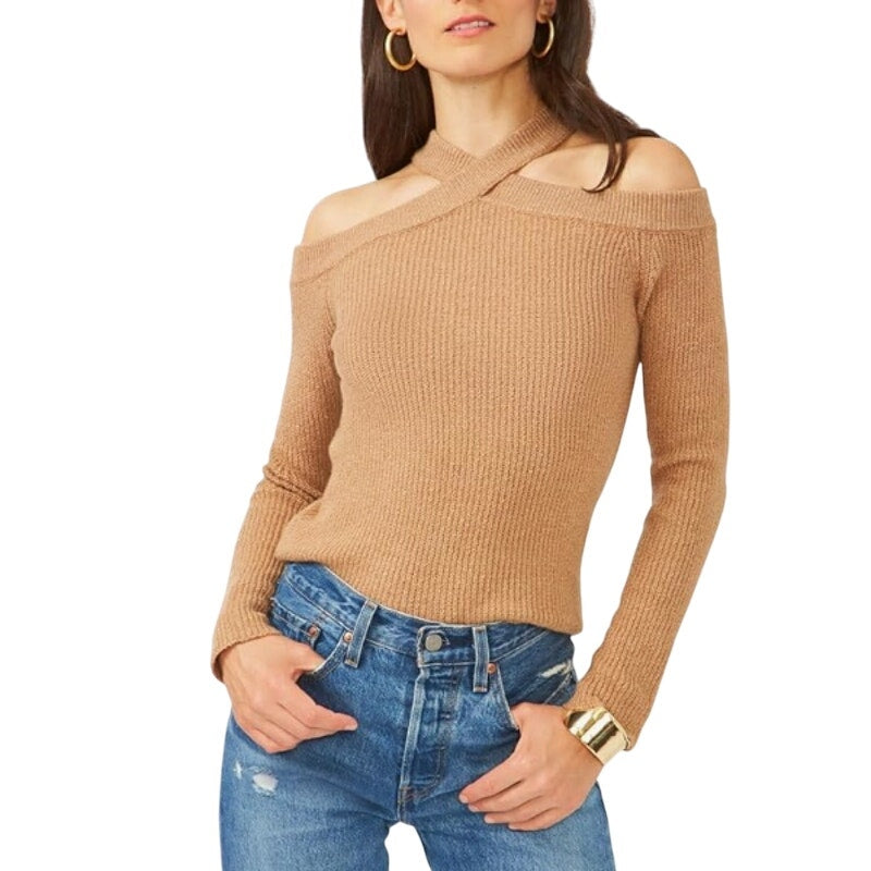 1.STATE Women's Cross Neck Cold Shoulder Cotton Blend Sweater Brown Size XS