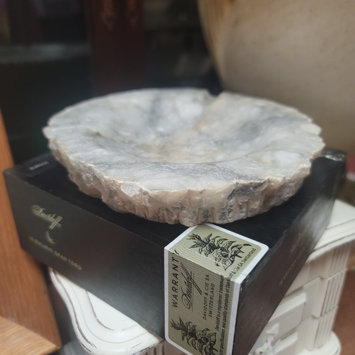 Italy Mid Century ashtray Marble round table office gray white Vintage raw edge