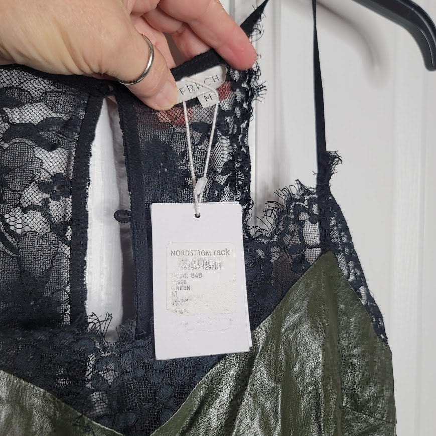FRNCH Size Medium Black Green Faux Leather Lace Cami Top new