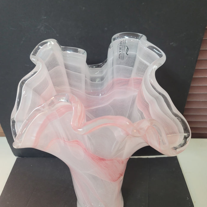Murano art glass large vase End-of-day Slag White Pink Handkerchief Ruffle