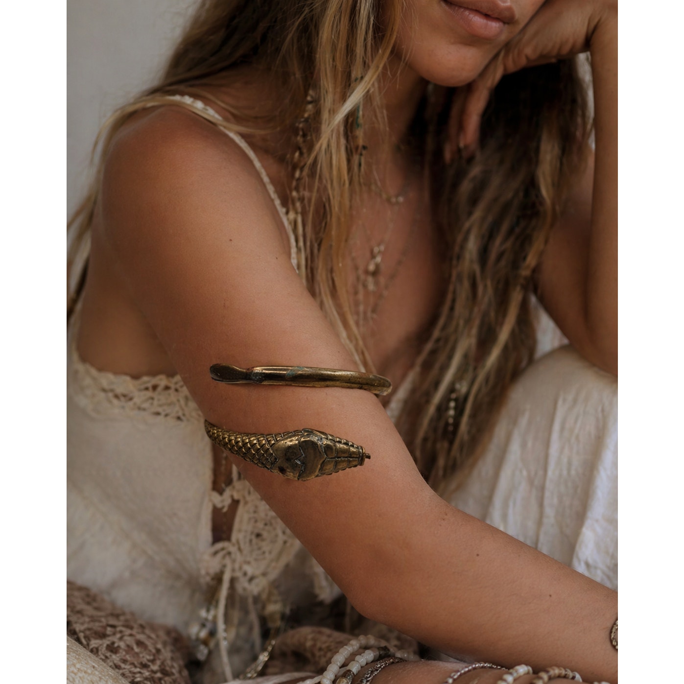 Vintage Brass Snake Arm Cuff Bracelet - Egyptian Revival Style