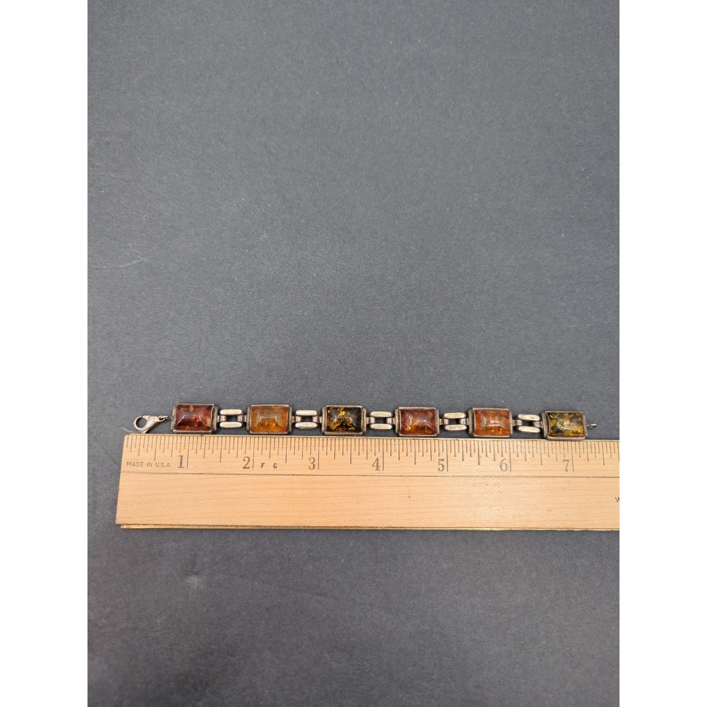 Vintage Amber Glass Emerald Cut Link Bracelet MCM Goldtone dark academia autumn