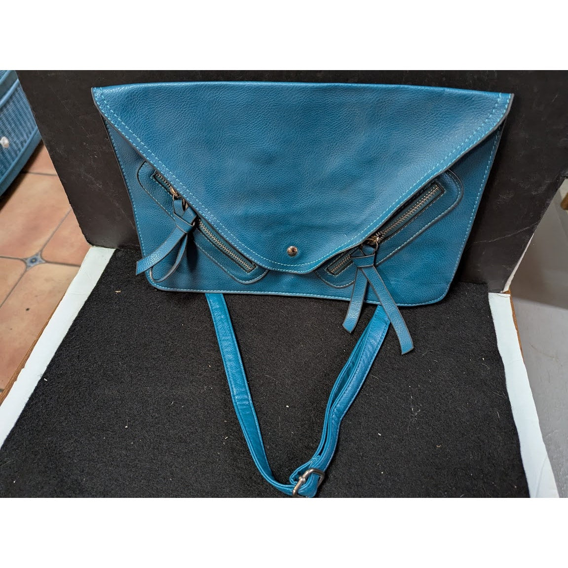Vegan Faux Pebbled Leather BLUE TEAL bag Clutch shoulder Purse Front zip pockets