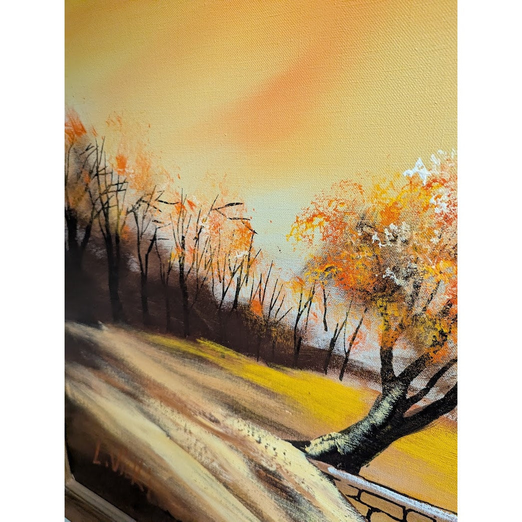 L. VICKI Oil MCM painting Large Landscape Oranges Yellow Large Wood Frame