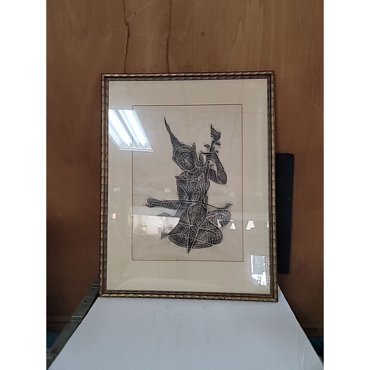 Vintage Thai temple rubbings - In Exquisite Solid Wood BAMBOO 1960s MCM Frame