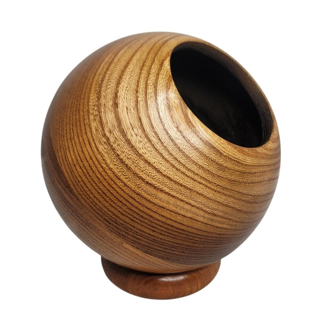 Wood vase MCM Handsome shiny wood grain round salt nut bowl sphere orb decor