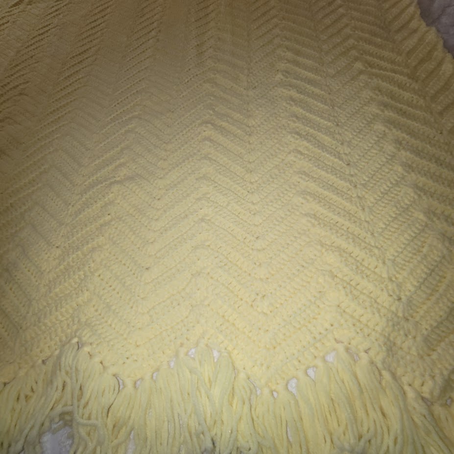 handmade Yellow afghan throw fringe chevron 50" x77" twin zigzag homestead retro