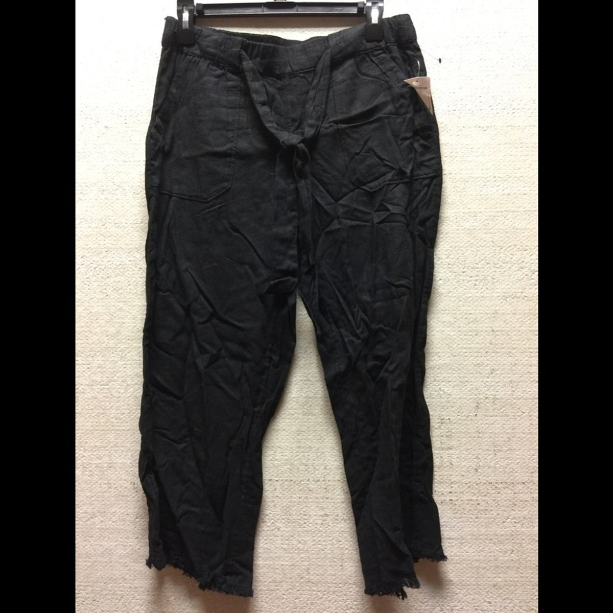 Caslon Linen Blend Black Cropped Pants with Raw Hem tie waist pockets NEW XS