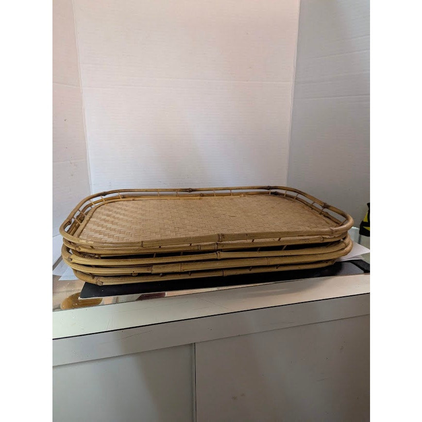 Vintage 1980s Rectangular Woven bamboo serving trays set of 4 19x13