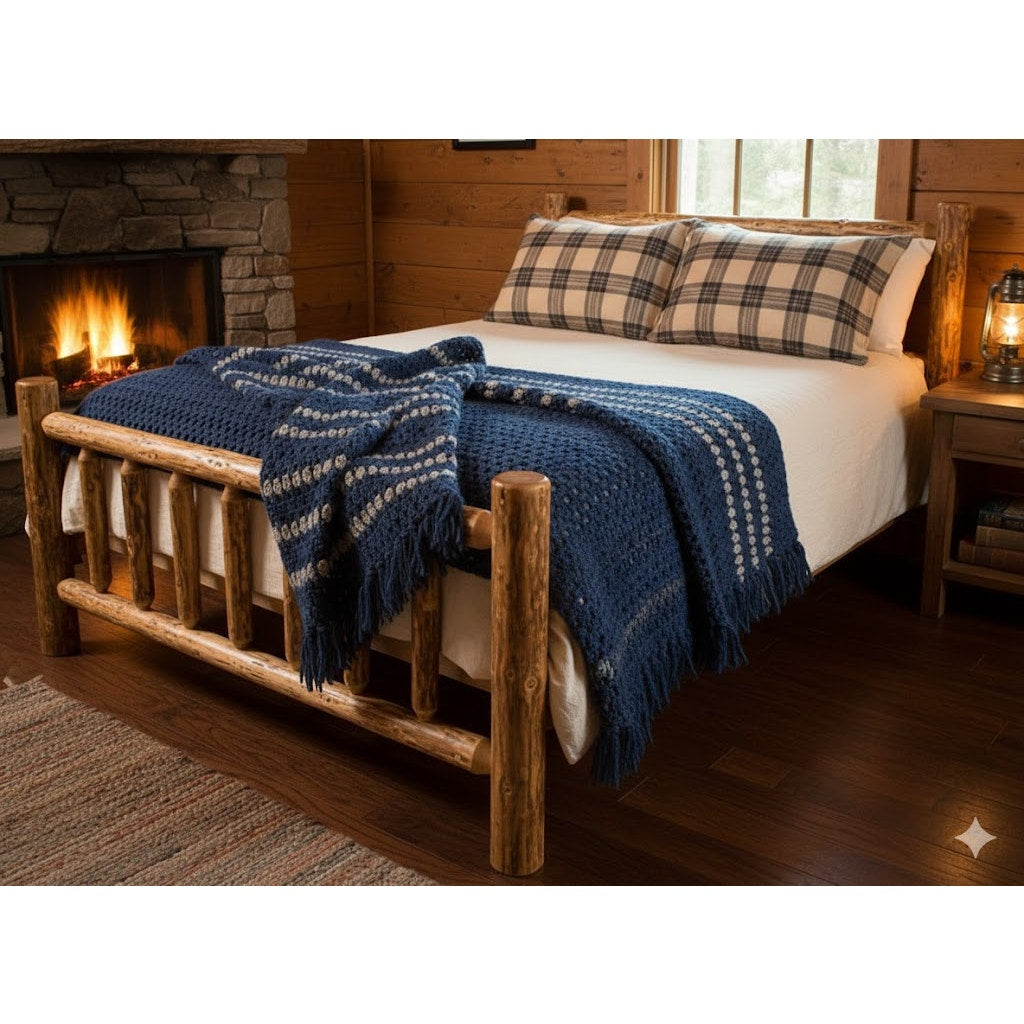 Handmade Dark Blue and Gray Crocheted Afghan throw w/ Fringe 84" x 64" Twin Bed