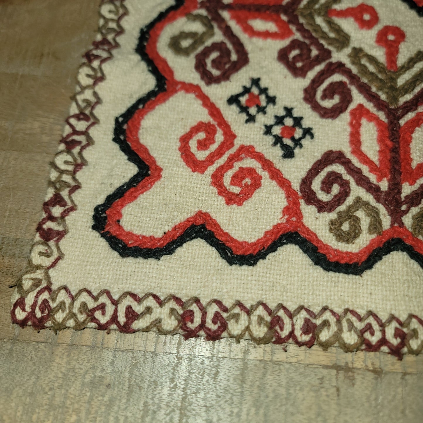 Embroidered Handmade Wool Turkish Tapestry vintage rug 31" x 27" Brown Orange