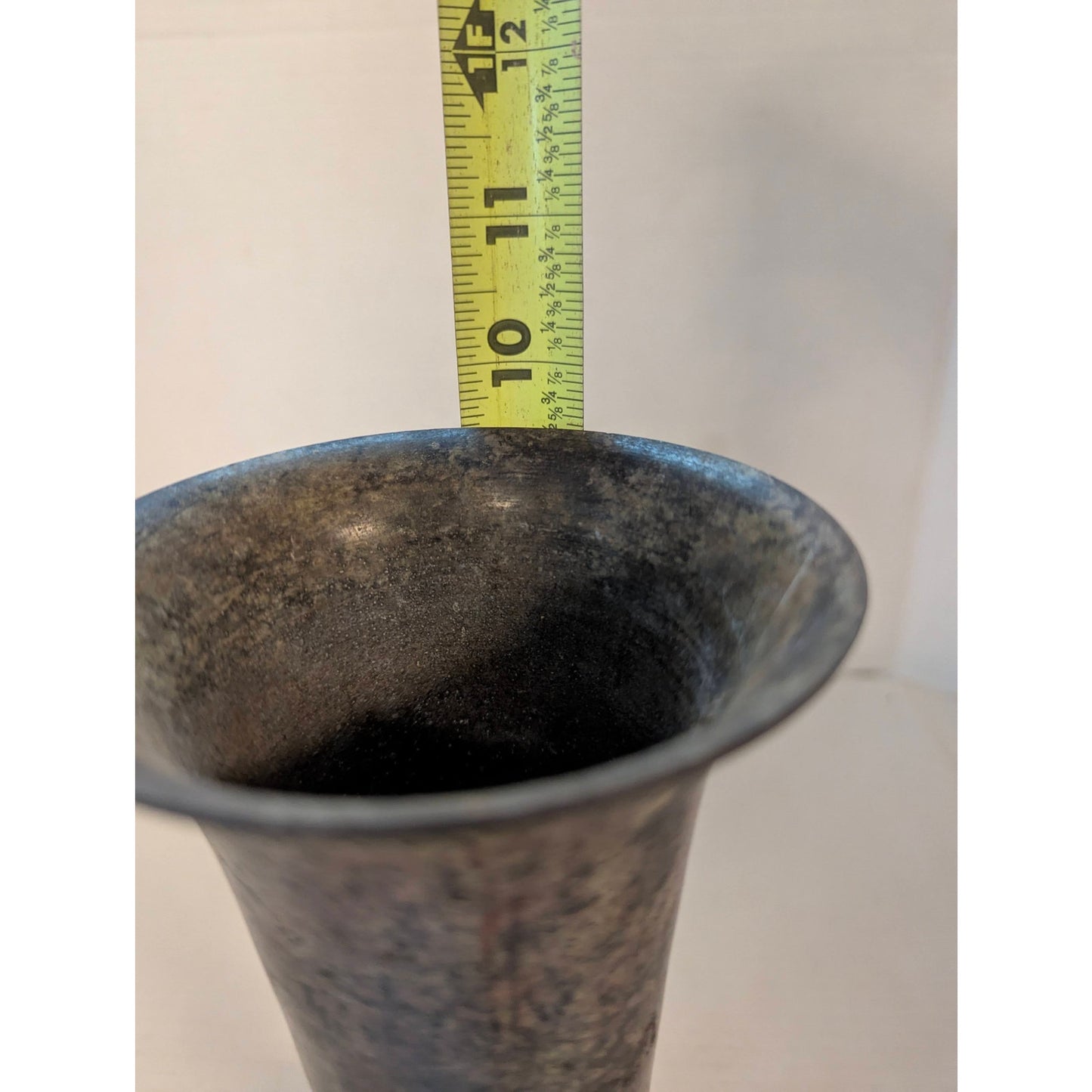 Vintage Antique Brass Trumpet Vase Distressed Etched Verdigris Metal 10"