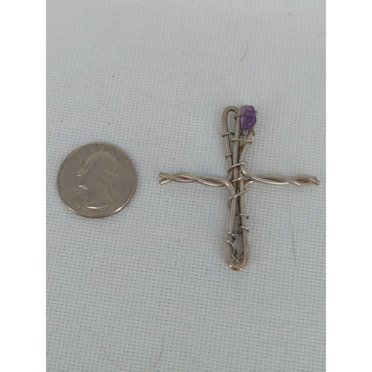 Handcrafted Wire Wrapped Cross Pendant with Raw Amethyst Crystal Accent