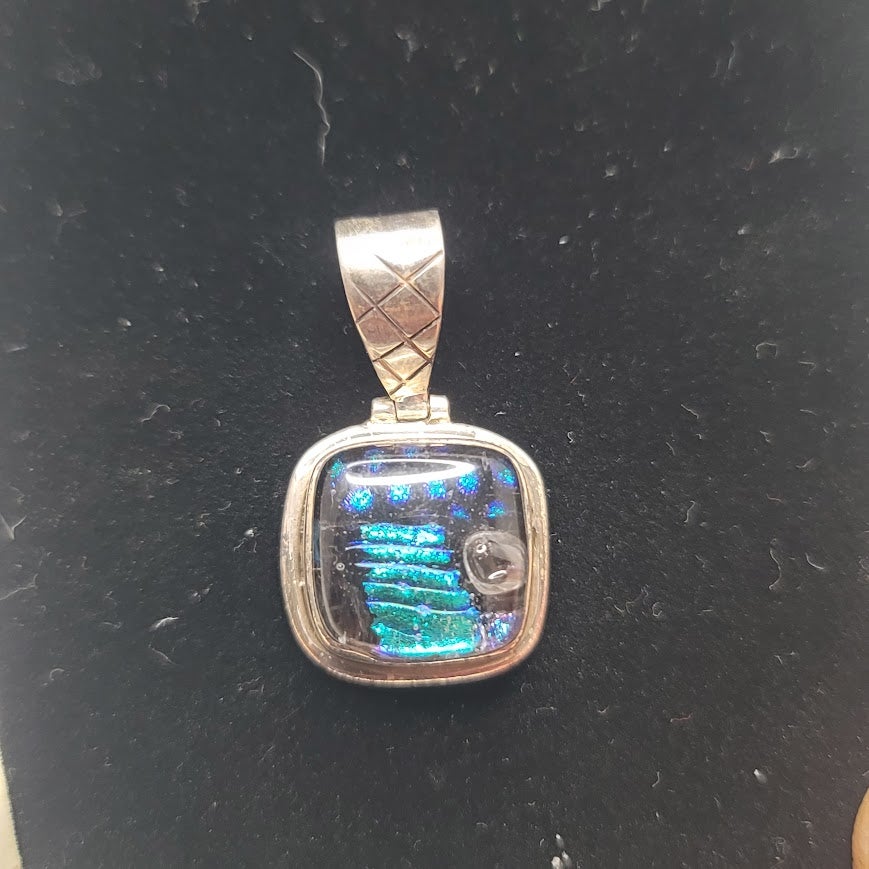 Vintage 925 Silver Abalone Shell Pendant Iridescent Blue Mosaic Stone
